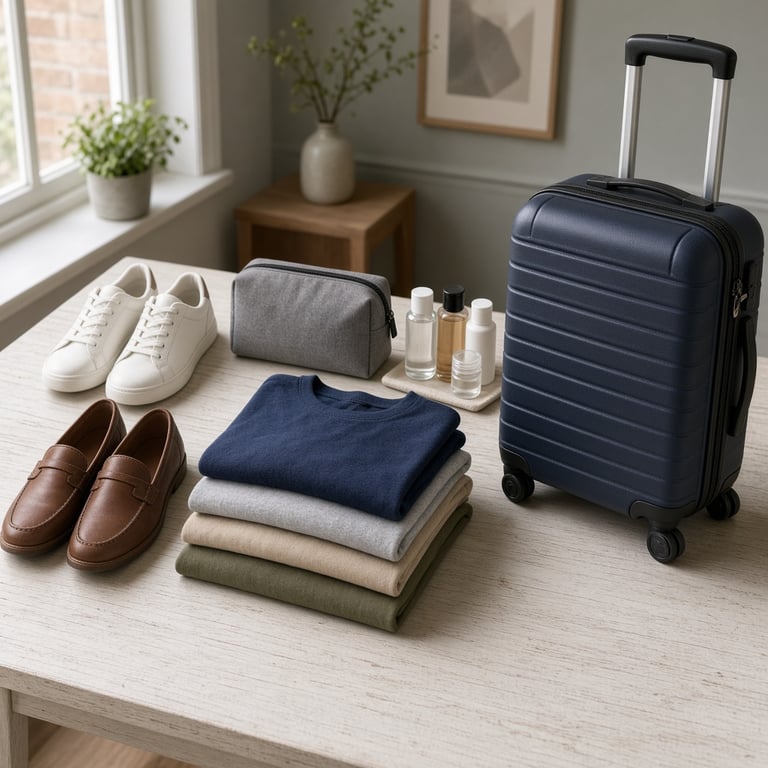 Een compacte reisuitrusting met twee paar schoenen, een toilettas en gevouwen kleding naast een handbagagekoffer