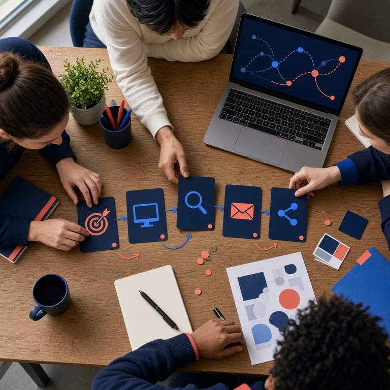 Marketingteam dat op een groot scherm de klantreis en digitale kanalen in kaart brengt