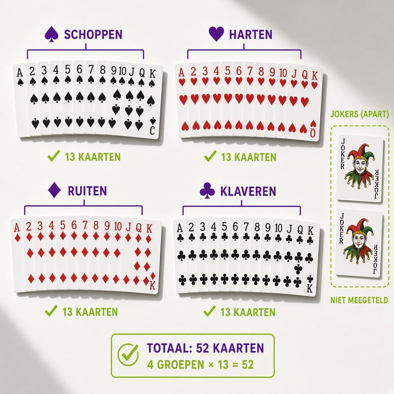 Een moderne tafel met 52 speelkaarten in vier duidelijk gescheiden kaartsoorten