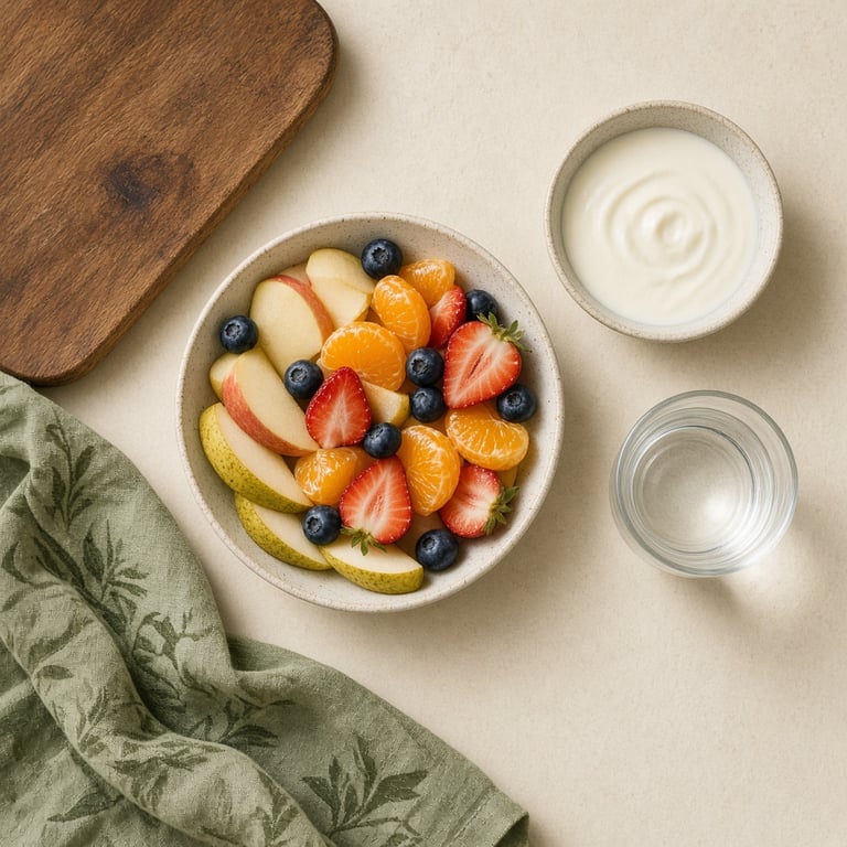 A colourful bowl of apples, pears, mandarins, strawberries, and blueberries on a warm kitchen table
