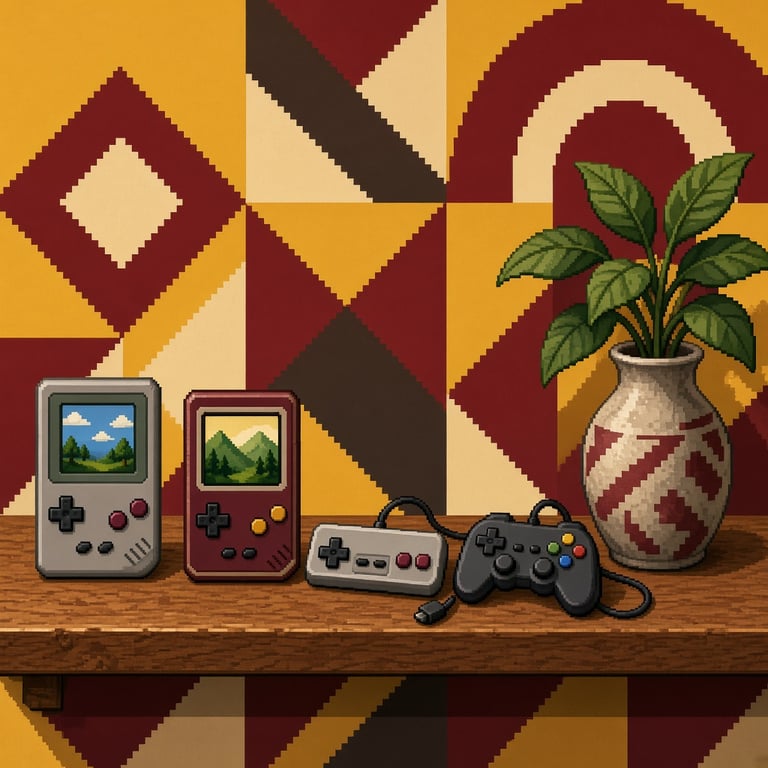 Retro gameopstelling met handhelds, geometrische patronen en houten accessoires