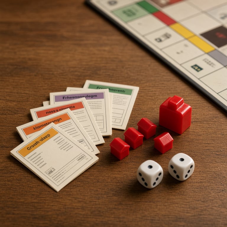 Monopoly eigendomskaarten, huizen en hotels naast het speelbord