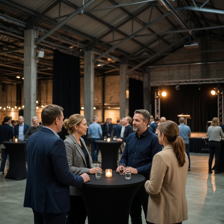 Een sfeervol zakelijk evenement in een industriële evenementenlocatie in Apeldoorn