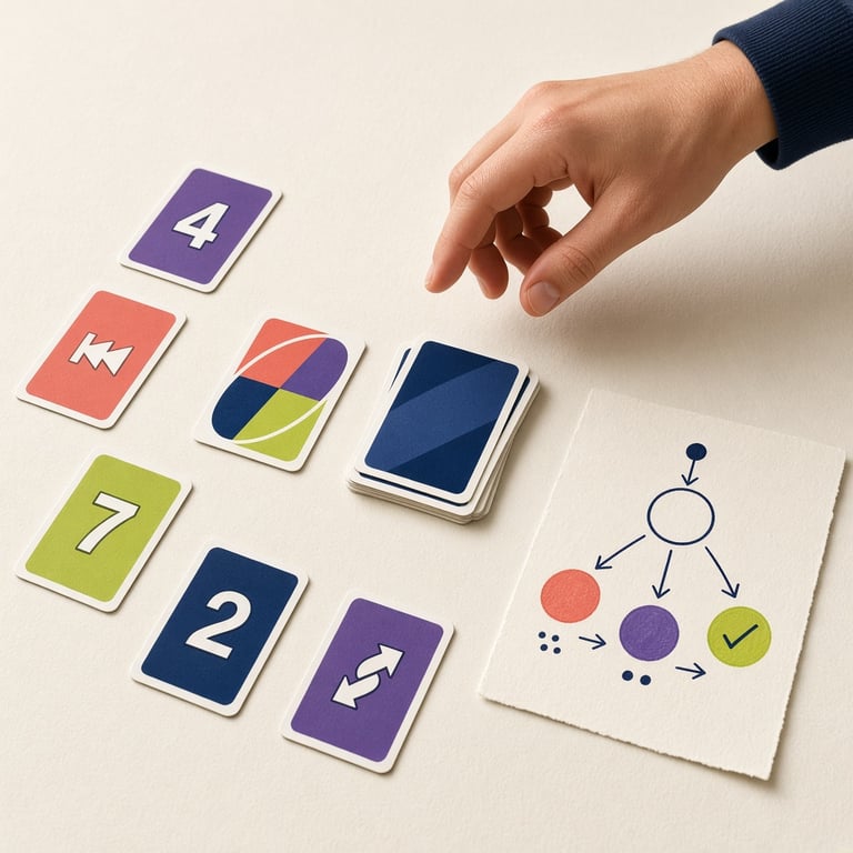 Een kleurrijk UNO kaartspel naast een tactisch speelschema op een moderne tafel
