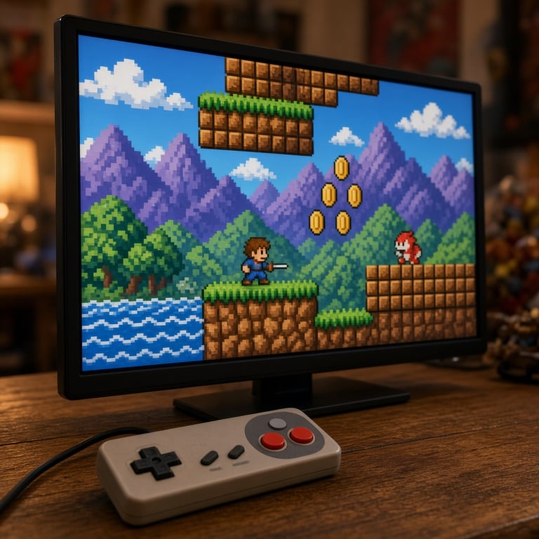 Een kleurrijk retro gamebeeld op een modern scherm met een klassieke controller ernaast
