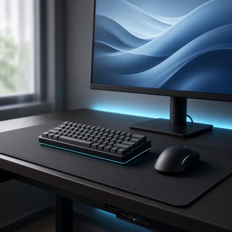 Moderne gaming setup met pc, monitor, toetsenbord en muis op een opgeruimd bureau
