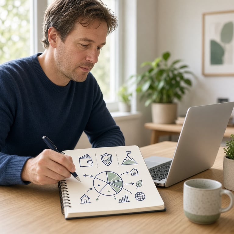 Een Nederlander bekijkt thuis rustig zijn beleggingsplan naast een laptop en notitieboek