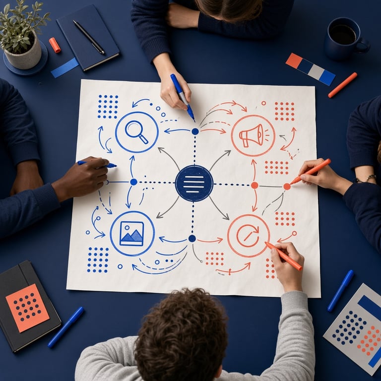Strategische werksessie waarin een team kanalen, content en conversiemomenten plant