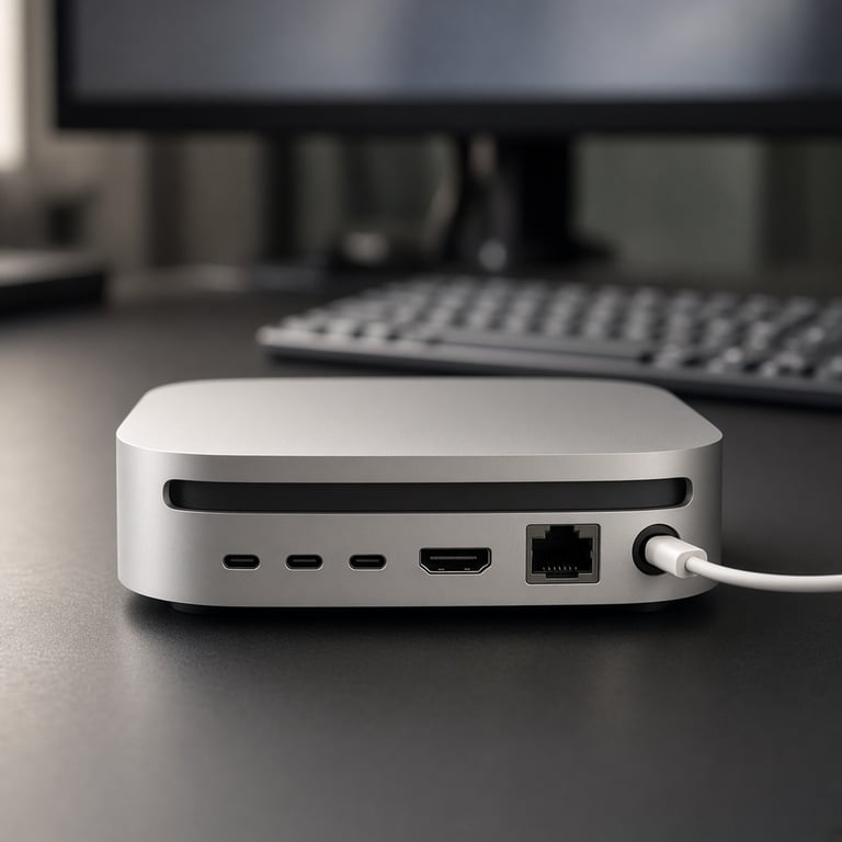 Silver Apple Mac mini M4 on a dark desk beside a monitor, keyboard, and compact mouse, with rear ports visible