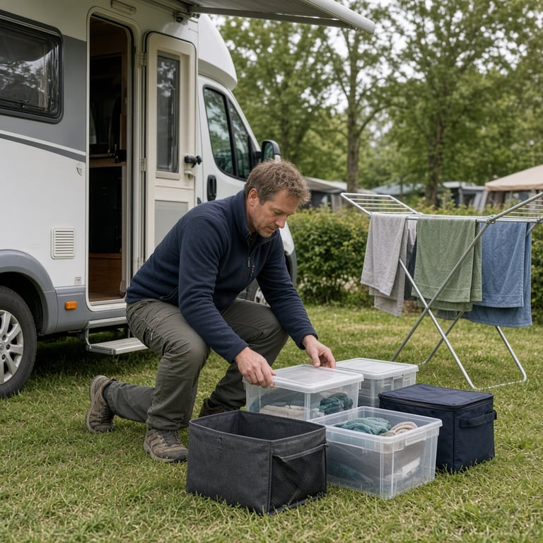 Een compacte Nederlandse camper met IKEA-opbergers, droogrek en kampeerspullen op een zonnige camping