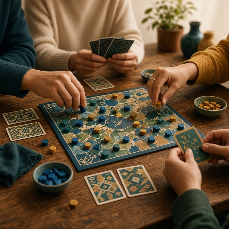 Spelers rond een warme tafel met kleurrijke bordspellen en speelstukken