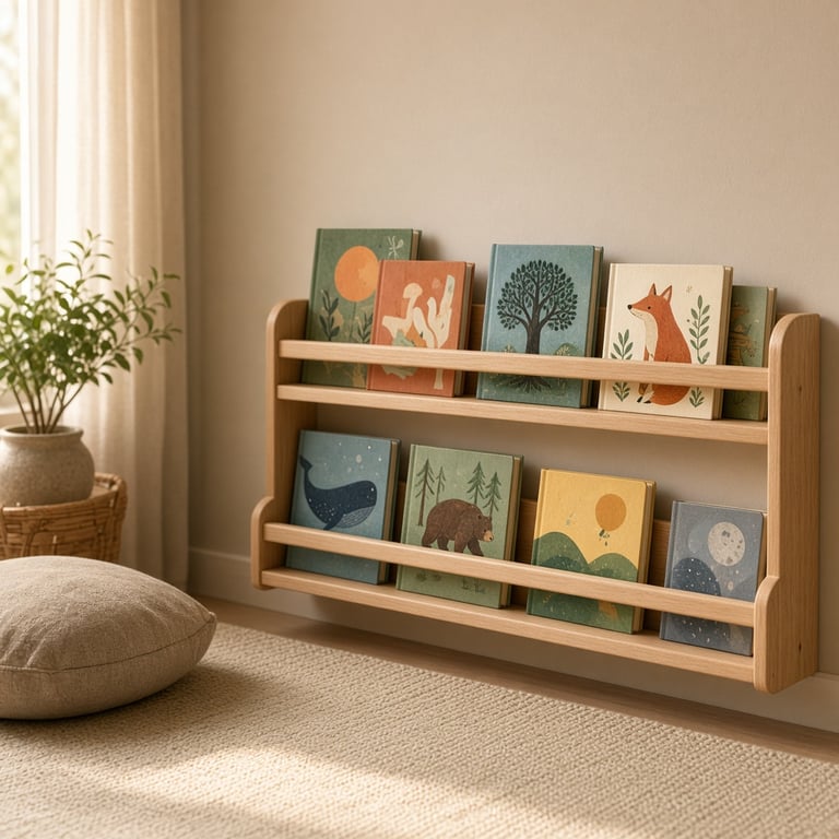 Houten Montessori boekenrek aan de muur met kleurrijke prentenboeken in een rustige kinderkamer
