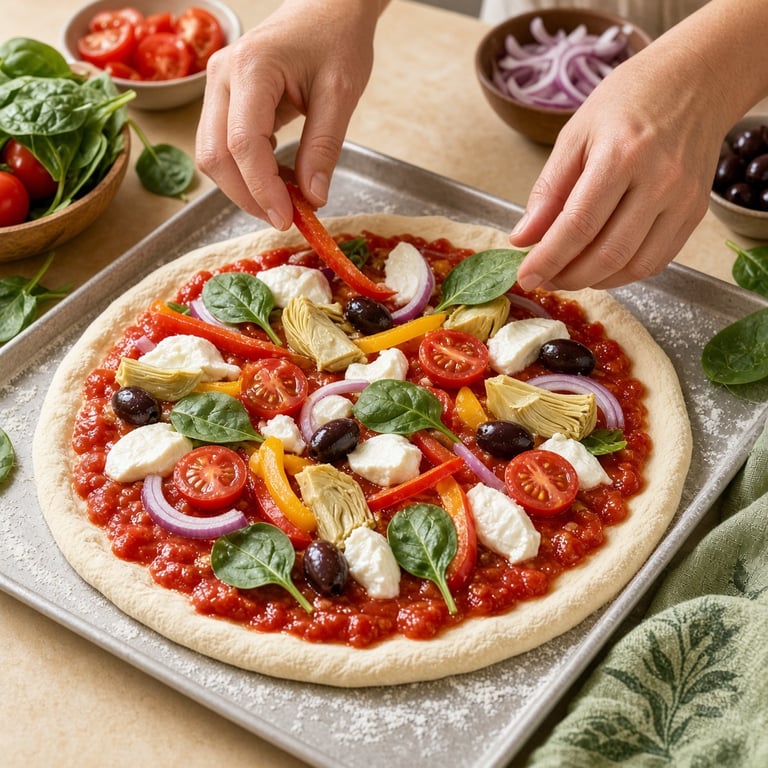 Colourful homemade veggie pizza topped with peppers, tomatoes, spinach, olives, and herbs