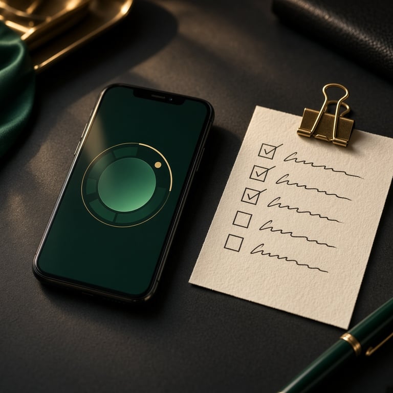 A phone showing a session timer beside a responsible gambling budget checklist