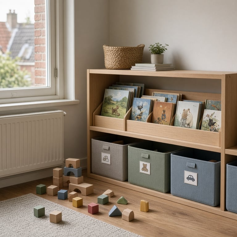Een rustige Nederlandse kinderkamer met een lage TROFAST-opberger, gelabelde bakken en een kleine speelhoek