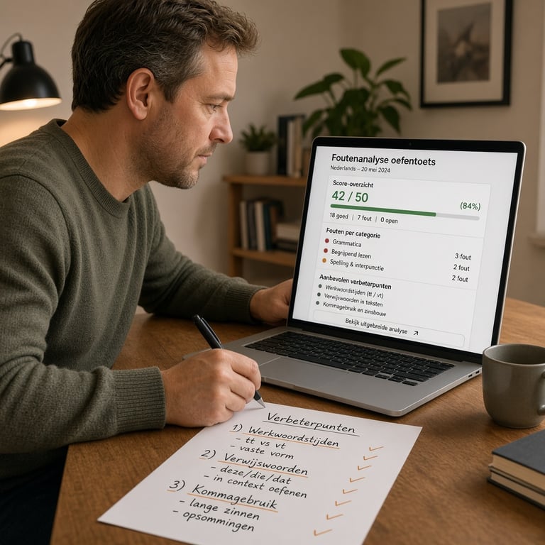 Kandidaat bekijkt foutenanalyse en maakt aantekeningen naast een laptop met een Nederlandse oefentoets
