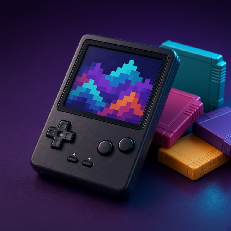 Een kleurrijke retro handheld gaming console naast cartridges en een pixel art scherm