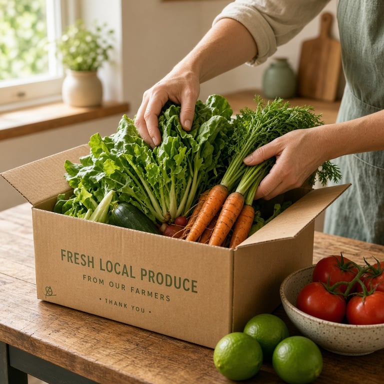 A wooden kitchen bench with a Veggies To Your Door produce box filled with leafy greens, limes, carrots, and tomatoes
