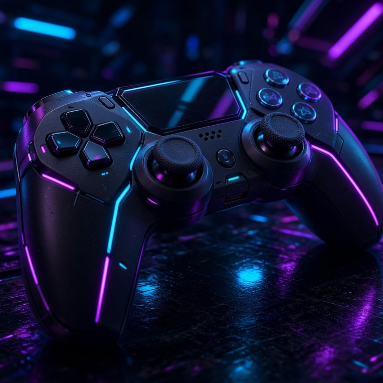 Futuristische gamecontroller in paars en cyaan neonlicht