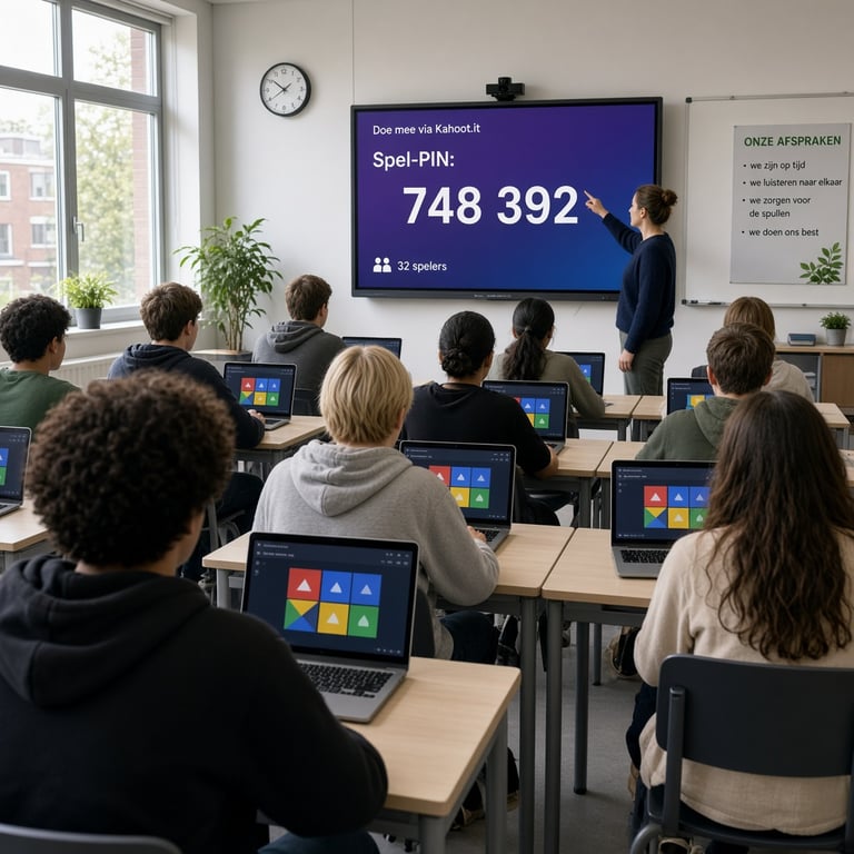 Een docent toont een Kahoot-game-PIN op een scherm in een helder Nederlands klaslokaal terwijl leerlingen zelfstandig meedoen