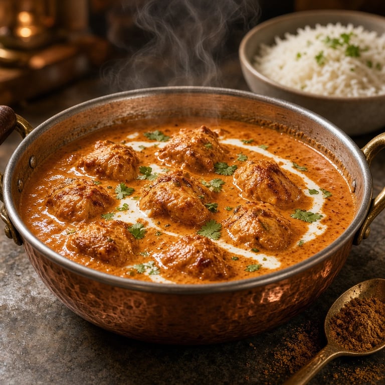 Dampende Indiase butter chicken in een koperen pan met basmatirijst en naan op tafel