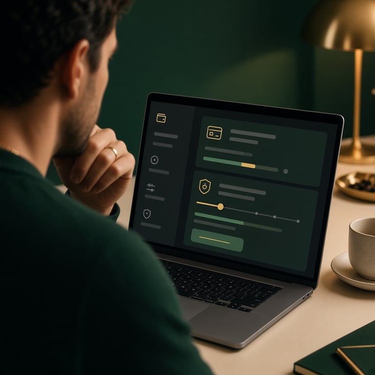 Adult player reviewing a casino cashier page and deposit limit settings on a laptop, with a calm emerald and warm cream workspace