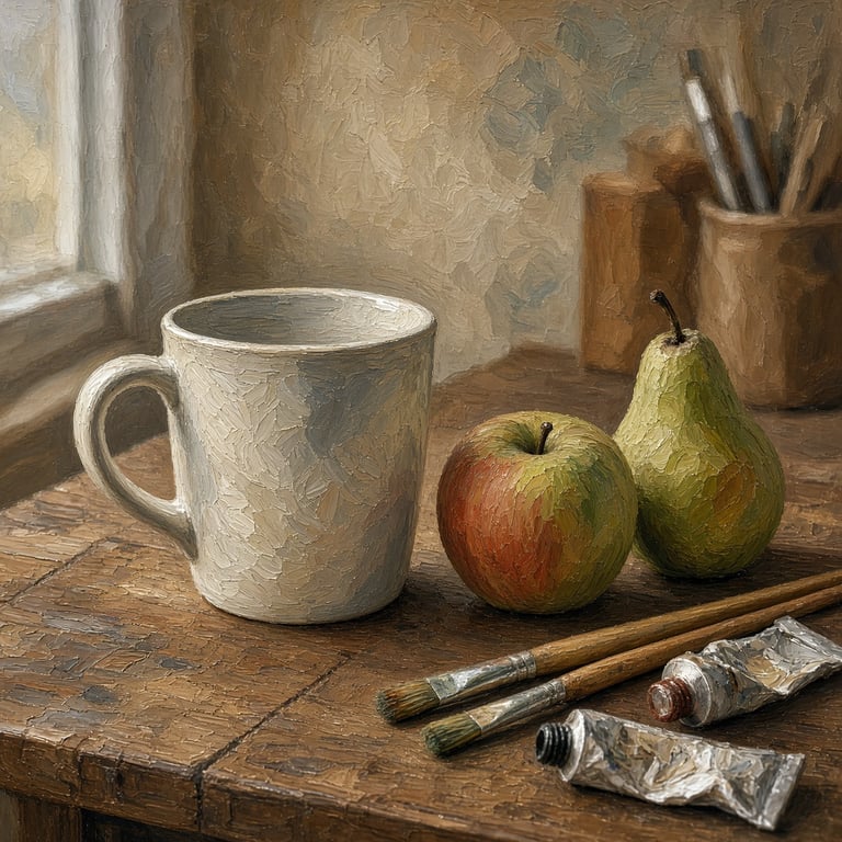 Een eenvoudig stilleven met een mok en fruit naast penselen en verftubes
