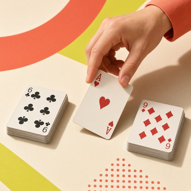 Een hand kiest een kaart naast twee overzichtelijke aflegstapels in een modern spelduel