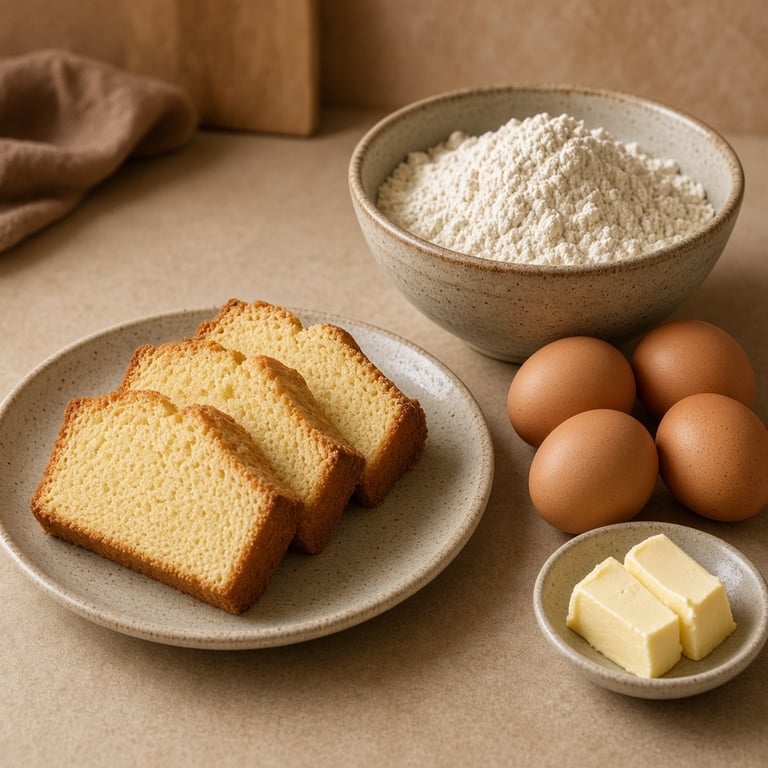 Plakjes vanillecake met boter, eieren en een kom zelfrijzend bakmeel op het aanrecht