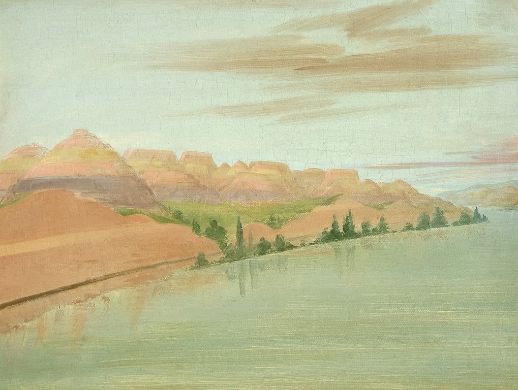 Aquarellandschap met rivier en heuvels