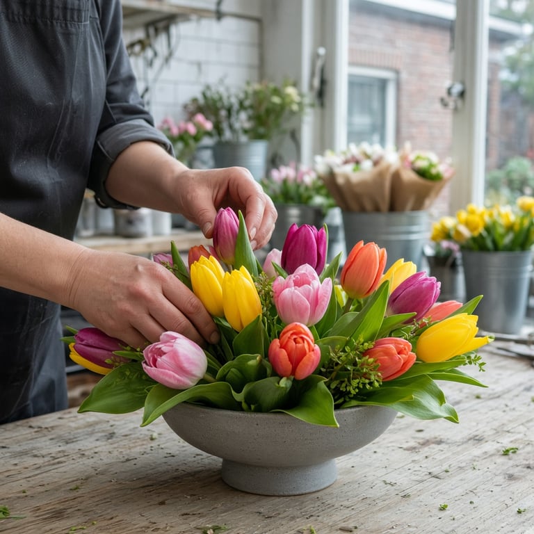 Handen die een kleurrijk tulpenarrangement voor een kantoor maken