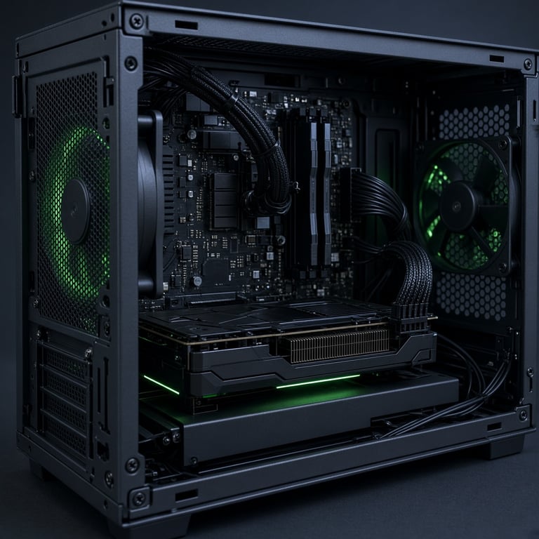 Compact PC interior showing a low profile GPU, short clearance, and airflow path