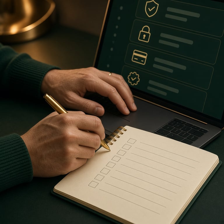 A polished Australian online pokies comparison desk with a laptop showing review criteria, a notebook, gold accents, emerald green lighting, and no visible brand logos