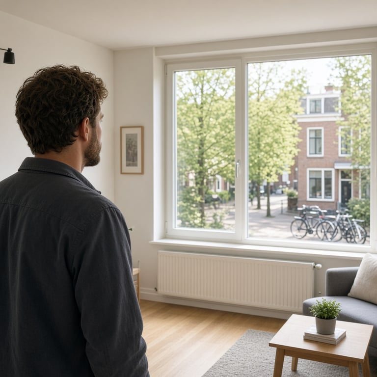 Huurder bekijkt een huurwoning in een Apeldoornse woonwijk met bomen en fietsstraat