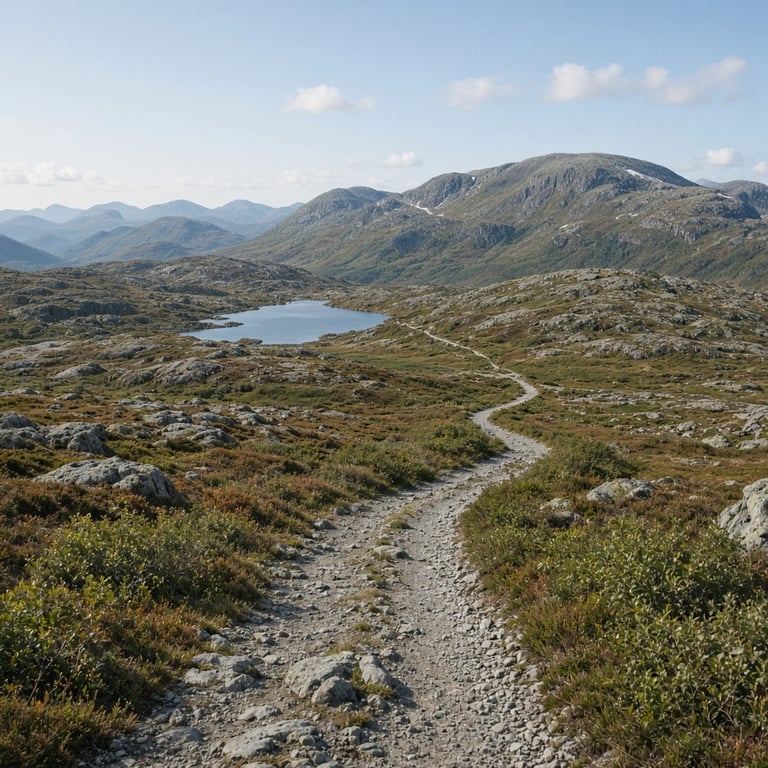 Utsikt over fjellandskapet ved Tempelnatten med sti mot høyden