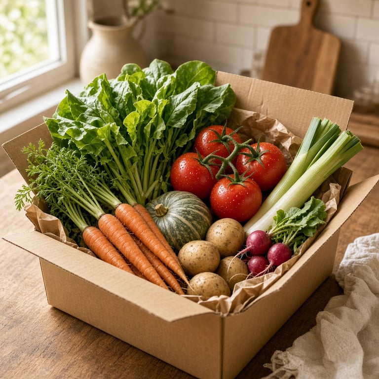 A carefully arranged Australian vegetable box with leafy greens, carrots, tomatoes, and seasonal produce on a warm kitchen bench