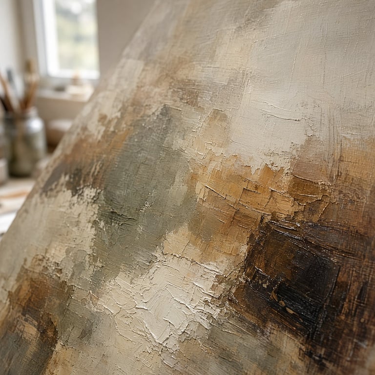 Detail van een modern schilderij in aardetinten met zichtbare verflagen en een rustige compositie