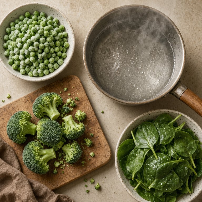 Frozen peas, broccoli and spinach portioned beside a steaming saucepan for a quick dinner