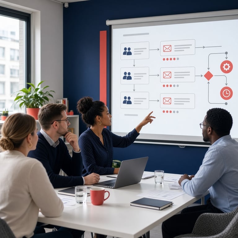 Een marketingteam werkt met klantdata, content en een visuele klantreis op grote schermen