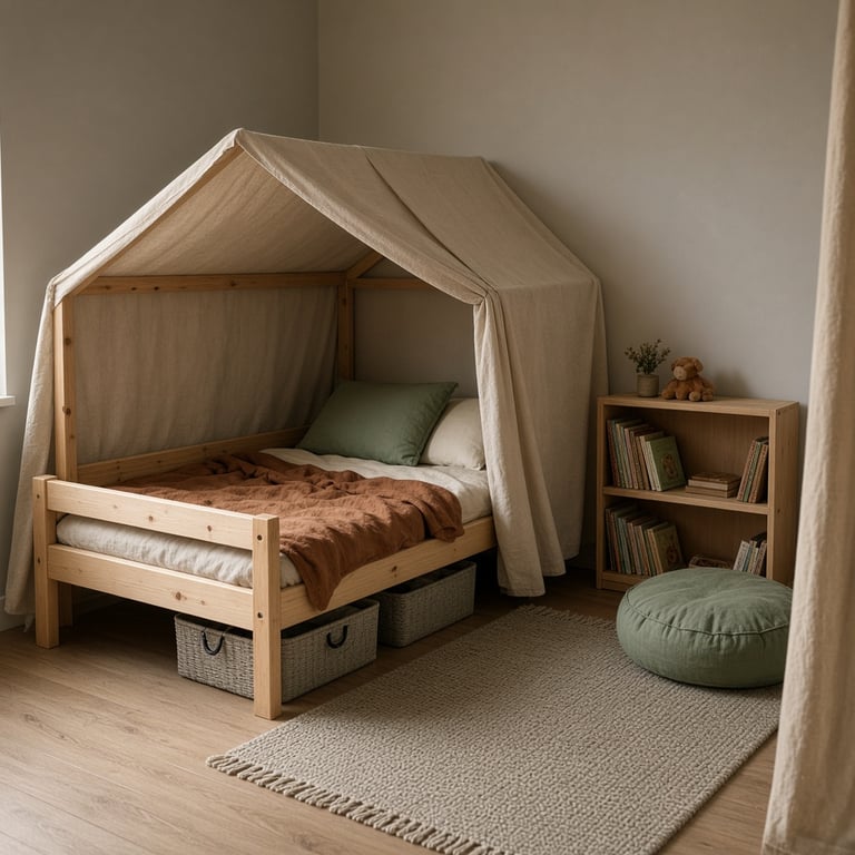 Een KURA-bed in een kinderkamer met een eenvoudige stoffen hut, lage opbergbakken en boeken binnen handbereik