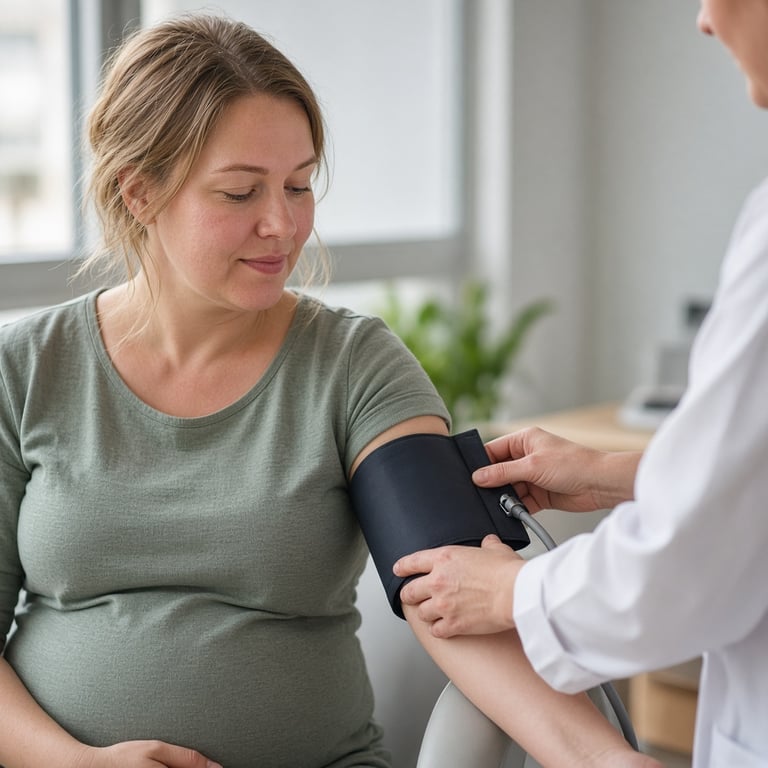 Gravid kvinne får målt blodtrykket under en rolig svangerskapskontroll