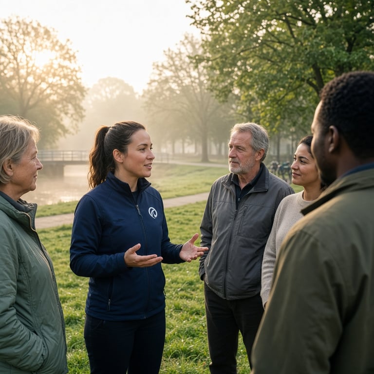 Een beweegcoach begeleidt een groep in het park