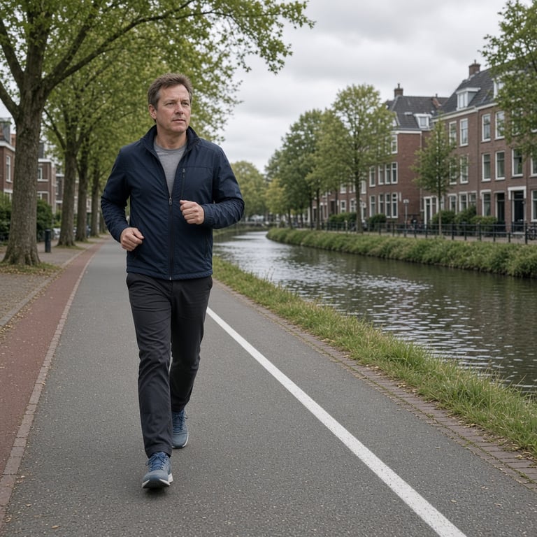 Volwassene wandelt op een Nederlands fietspad langs het water