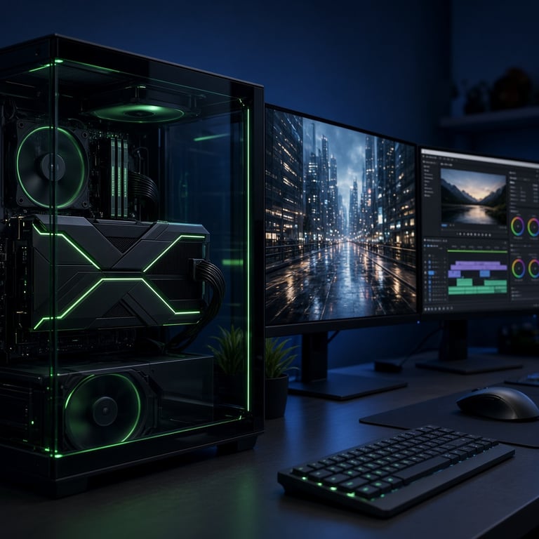 Intel Arc graphics card beside a gaming monitor and creator workstation