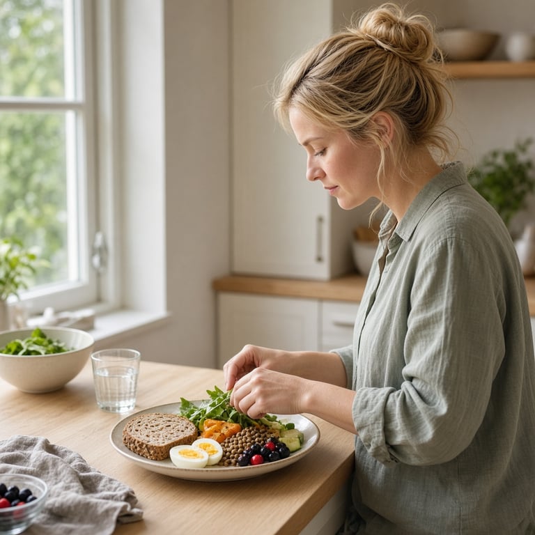 Fargerikt måltid med egg, linser, grønnsaker, fullkornsbrød og bær på et lyst kjøkkenbord
