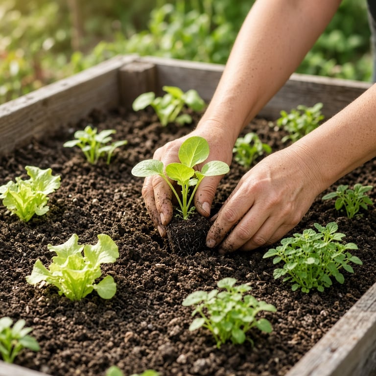 Hands planting young lettuce and herb seedlings into a raised vegetable bed