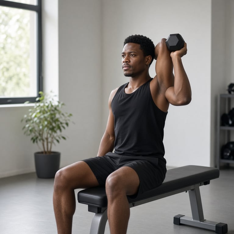 Dumbbell triceps extension naast een trainingsbank in een rustige sportruimte