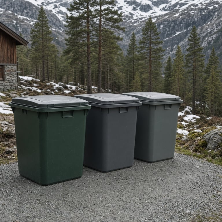 Ryddig avfallshåndtering ved et norsk fjellhytteområde med returpunkt, furuskog og snødekte fjell i bakgrunnen