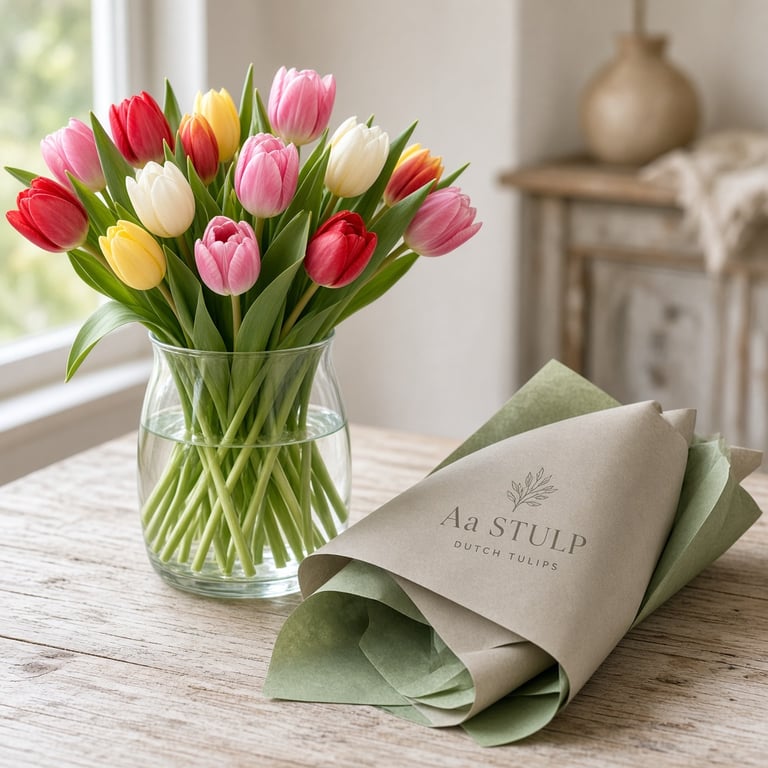 Boeket verse tulpen naast inpakpapier op een lichte tafel