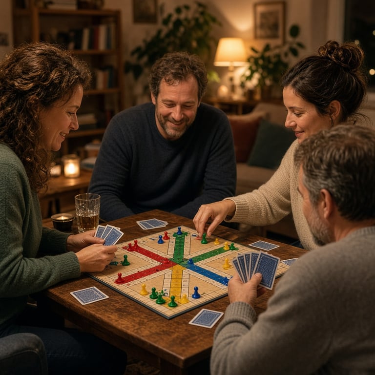Een team speelt Keezen met kaarten en pionnen tegenover elkaar aan tafel
